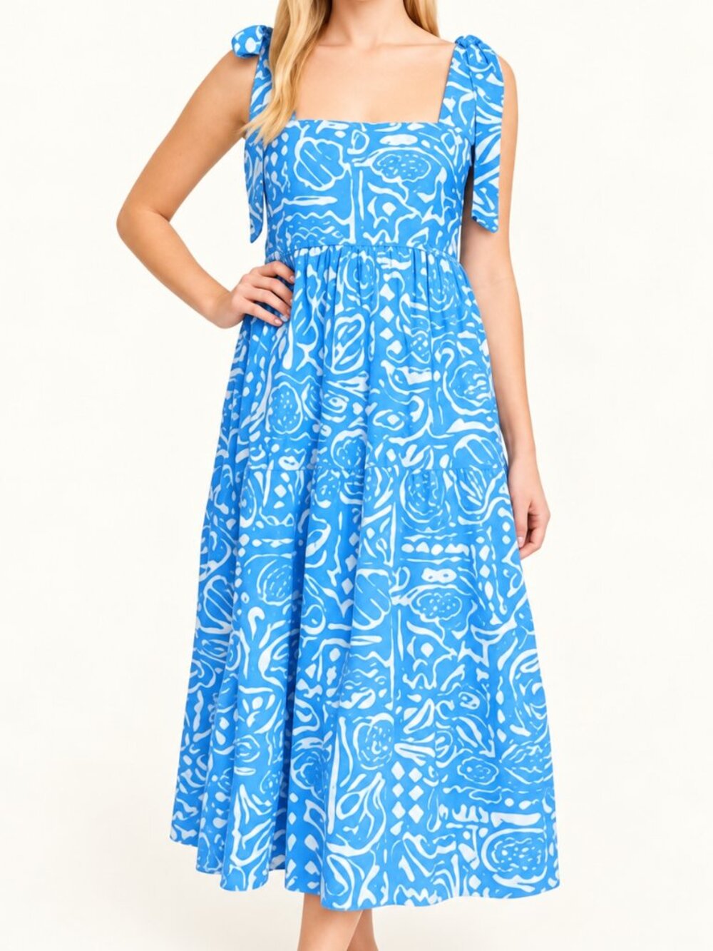 Blu Pepper Blue & White Printed Tie-Shoulder Maxi Dress
